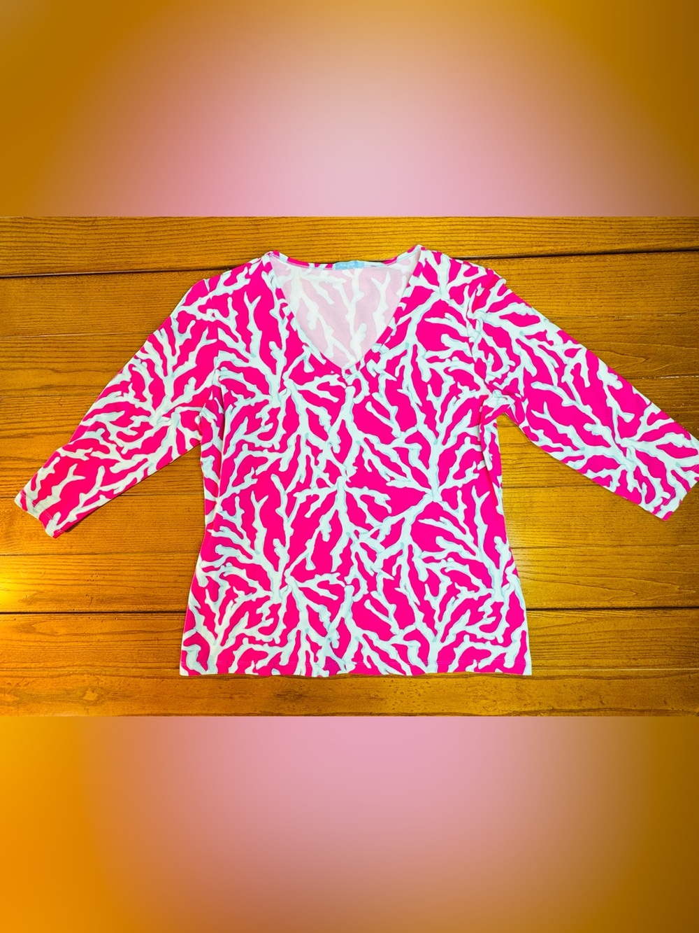J.McLaughlin Coral Print V-Neck Top — Pink & Aqua, Size L
